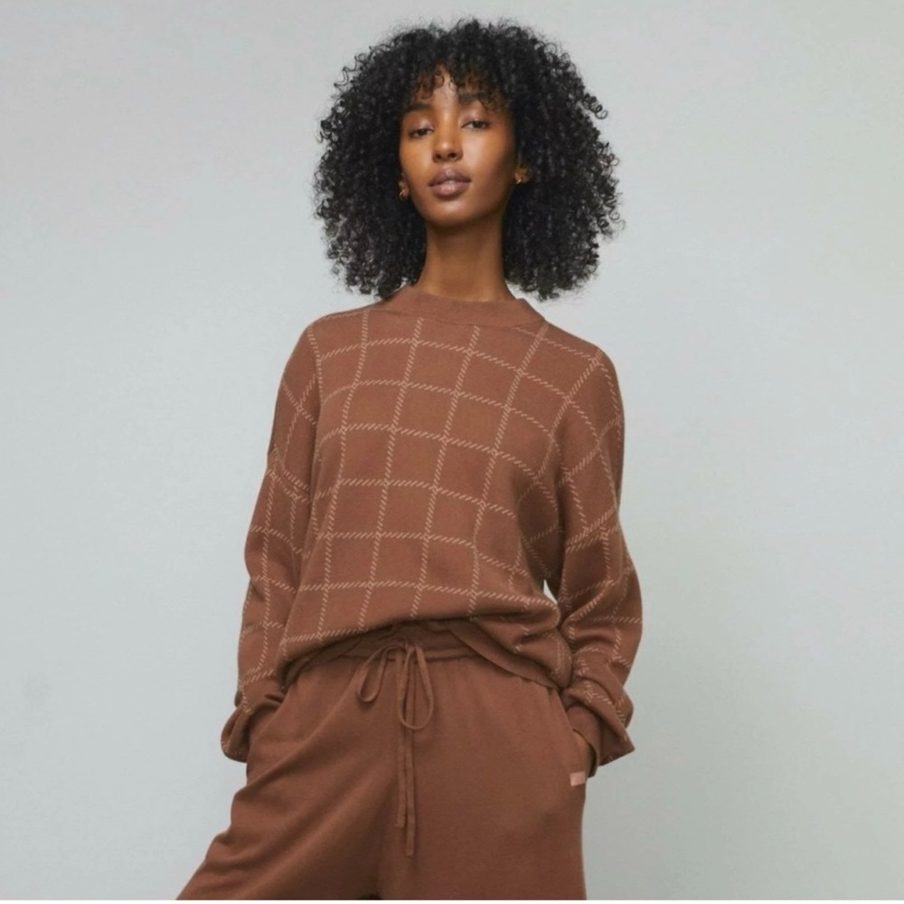 lunya Brown Grid-Pattern Crewneck Sweater